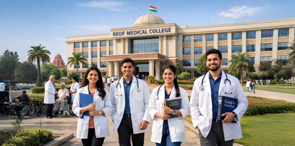Students in white lab coats walking in front of RKDF Medical College Bhopal campus, holding medical books with hospital and doctors in background.