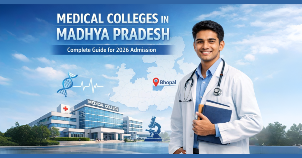 Medical colleges in Madhya Pradesh guide 2026 with student and campus illustration