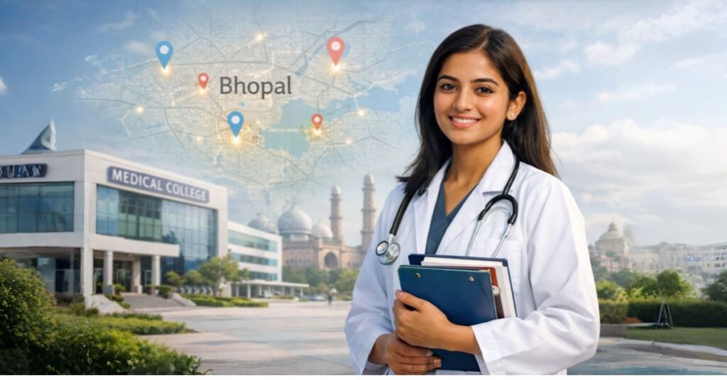 Female doctor standing in front of a medical college campus with Bhopal city map in background representing MBBS colleges in Bhopal