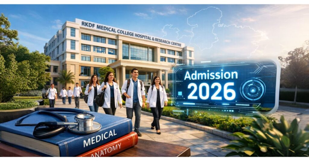 RKDF Medical College Bhopal campus with medical students and Admission 2026 banner, modern hospital building and study materials