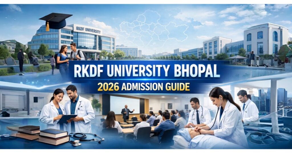 RKDF University Bhopal campus with students, medical training scenes, and 2026 admission guide banner showcasing courses and facilities