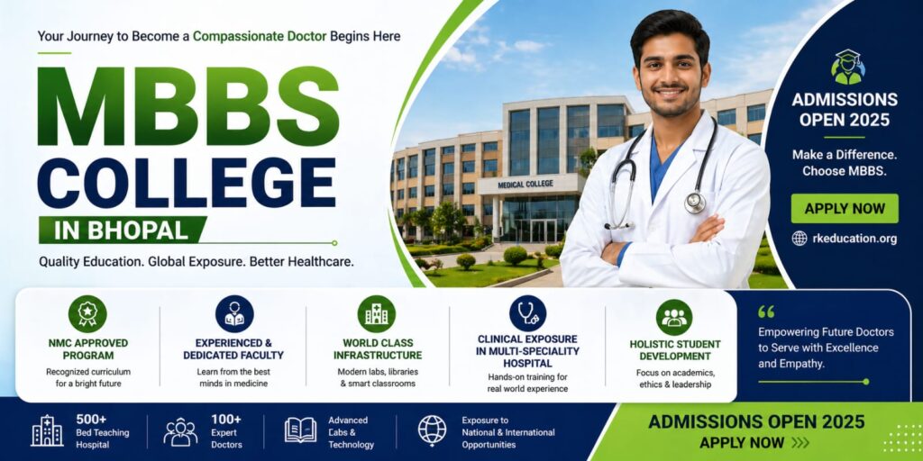 “Promotional banner for a top MBBS College in Bhopal, featuring a confident medical student with a stethoscope, modern college campus, advanced infrastructure, experienced faculty, clinical training facilities, and admissions open for 2025.”