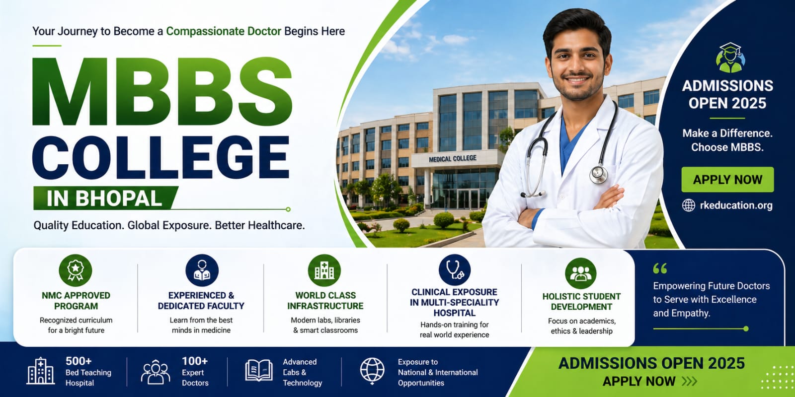 “Promotional banner for a top MBBS College in Bhopal, featuring a confident medical student with a stethoscope, modern college campus, advanced infrastructure, experienced faculty, clinical training facilities, and admissions open for 2025.”