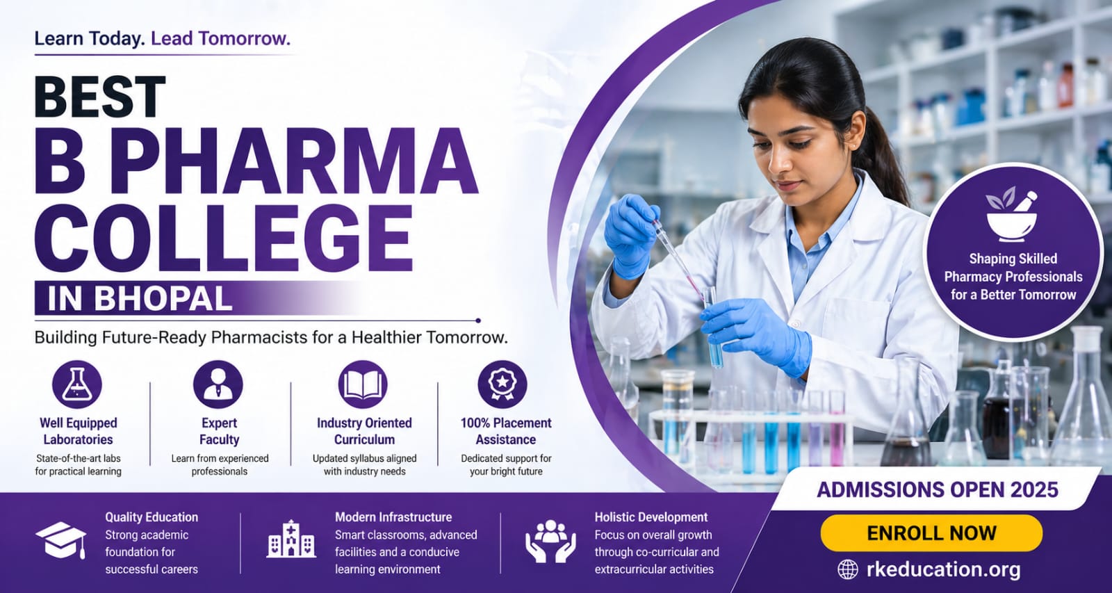 Promotional banner for the Best B Pharma College in Bhopal, featuring a female student conducting a lab experiment, highlighting well-equipped laboratories, expert faculty, industry-oriented curriculum, and 100% placement assistance with admissions open for 2025