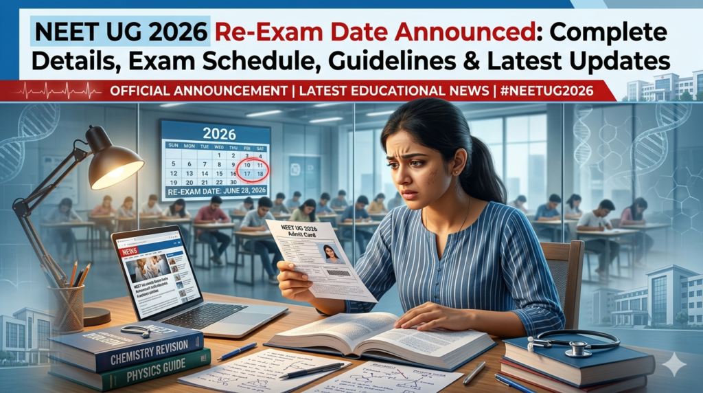 Indian NEET UG 2026 aspirant studying with books and admit card at a desk while a digital calendar, exam hall, medical graphics, and re-exam announcement visuals appear in the background representing NEET UG 2026 re-exam latest updates and medical admission news.