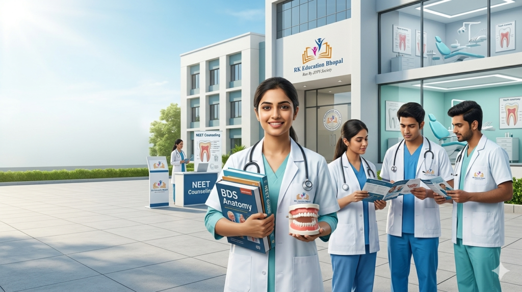 BDS Admission 2026 in Bhopal banner showing Indian NEET aspirants in medical attire standing outside a modern dental college campus with books, dental models, counseling visuals, and realistic educational atmosphere in Bhopal.