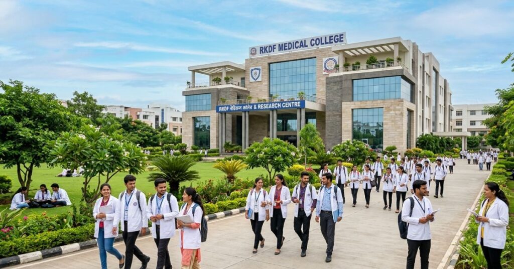 “Students walking outside RKDF Medical College & Research Centre campus with modern medical college building, green landscape, and healthcare education environment.”
