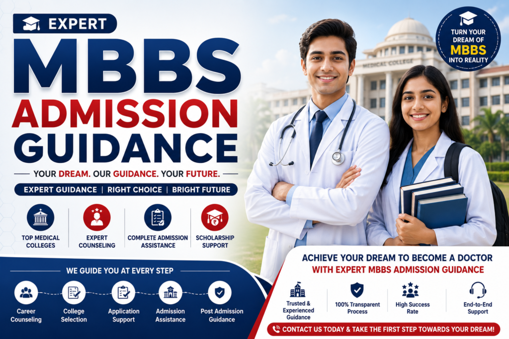Expert MBBS Admission Guidance banner featuring medical students, admission counseling, top medical colleges, scholarship support, and complete MBBS admission assistance.