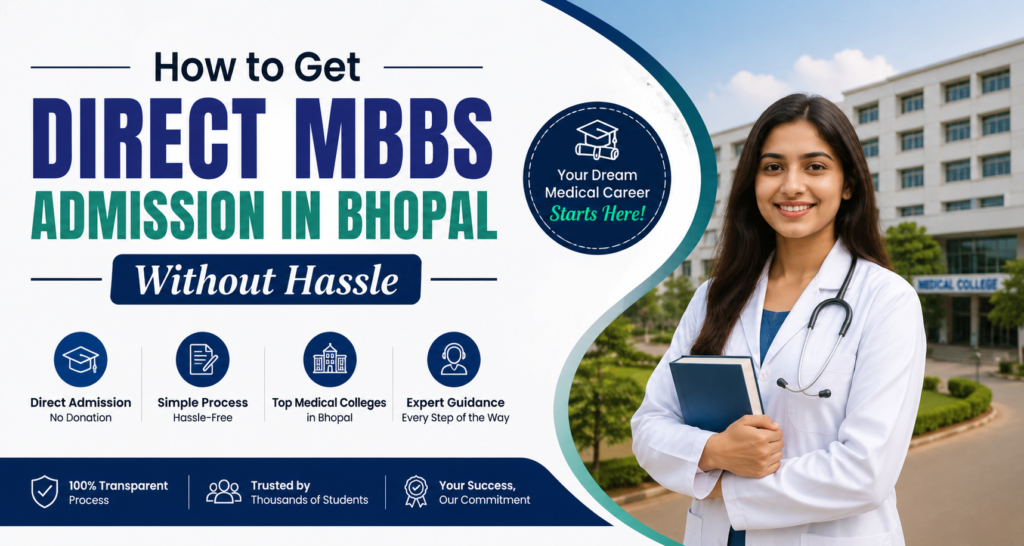 "Direct MBBS Admission in Bhopal banner with a medical student and college campus."