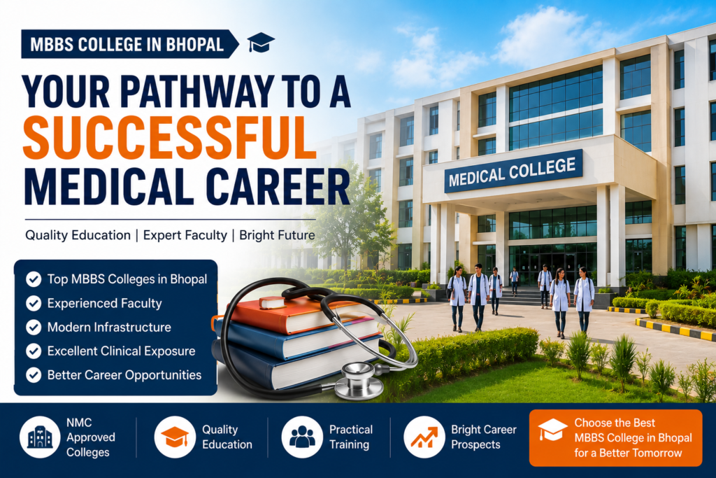 Modern MBBS College in Bhopal campus with medical students, advanced infrastructure, and educational facilities, representing RK Education's expert MBBS admission guidance for aspiring medical students